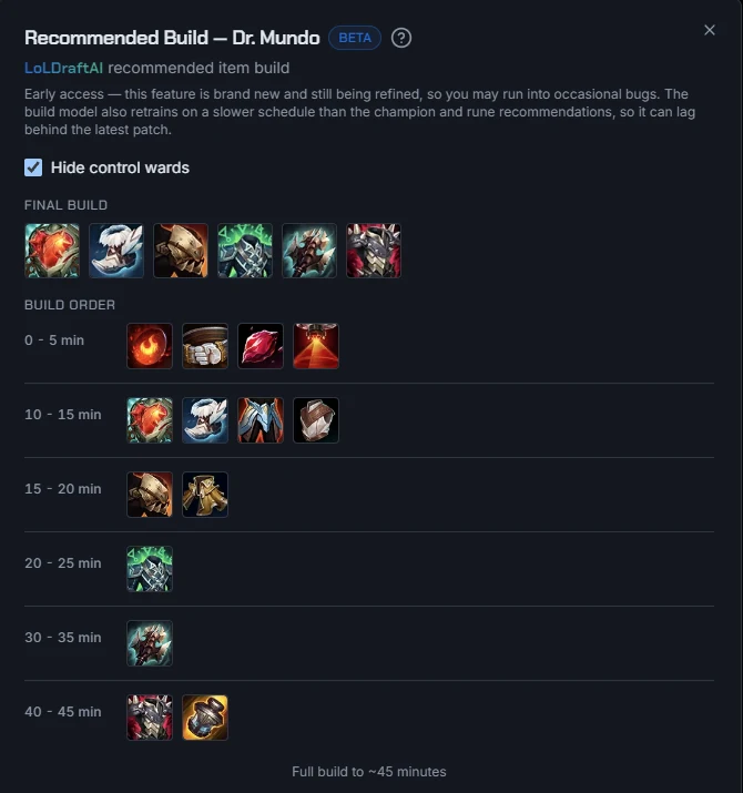 LoLDraftAI recommended item build for Dr. Mundo, showing the final build and the purchase order grouped by game-time interval