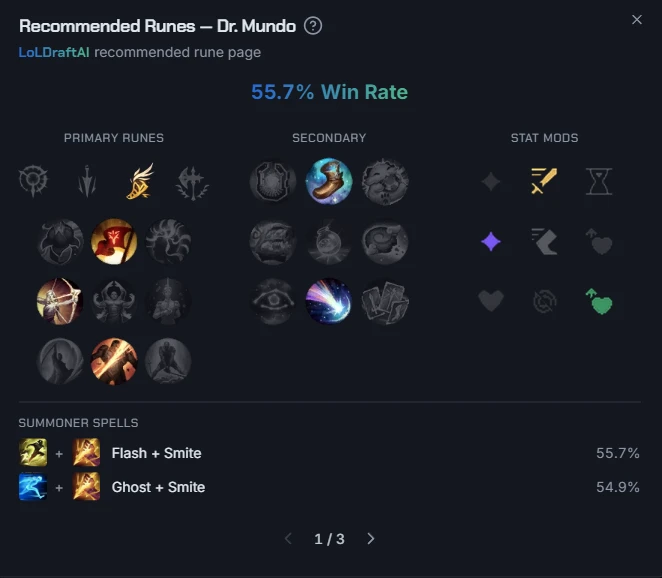 LoLDraftAI recommended rune page for Dr. Mundo, with primary and secondary trees and shards